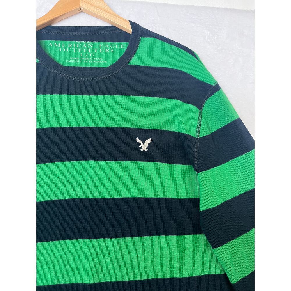 American Eagle Green Striped Waffle Thermal Long Sleeve Sz L Collegiate Preppy - Picture 4 of 8
